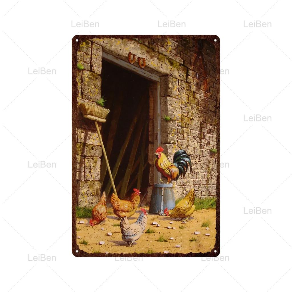 Kyckling Vintage Metallplåtskyltar Kyckling Tupp Höna Ägg Gård Staket Skylt Retro Plakett Dekorativ Plåt för Gårdstallrik Heminredning