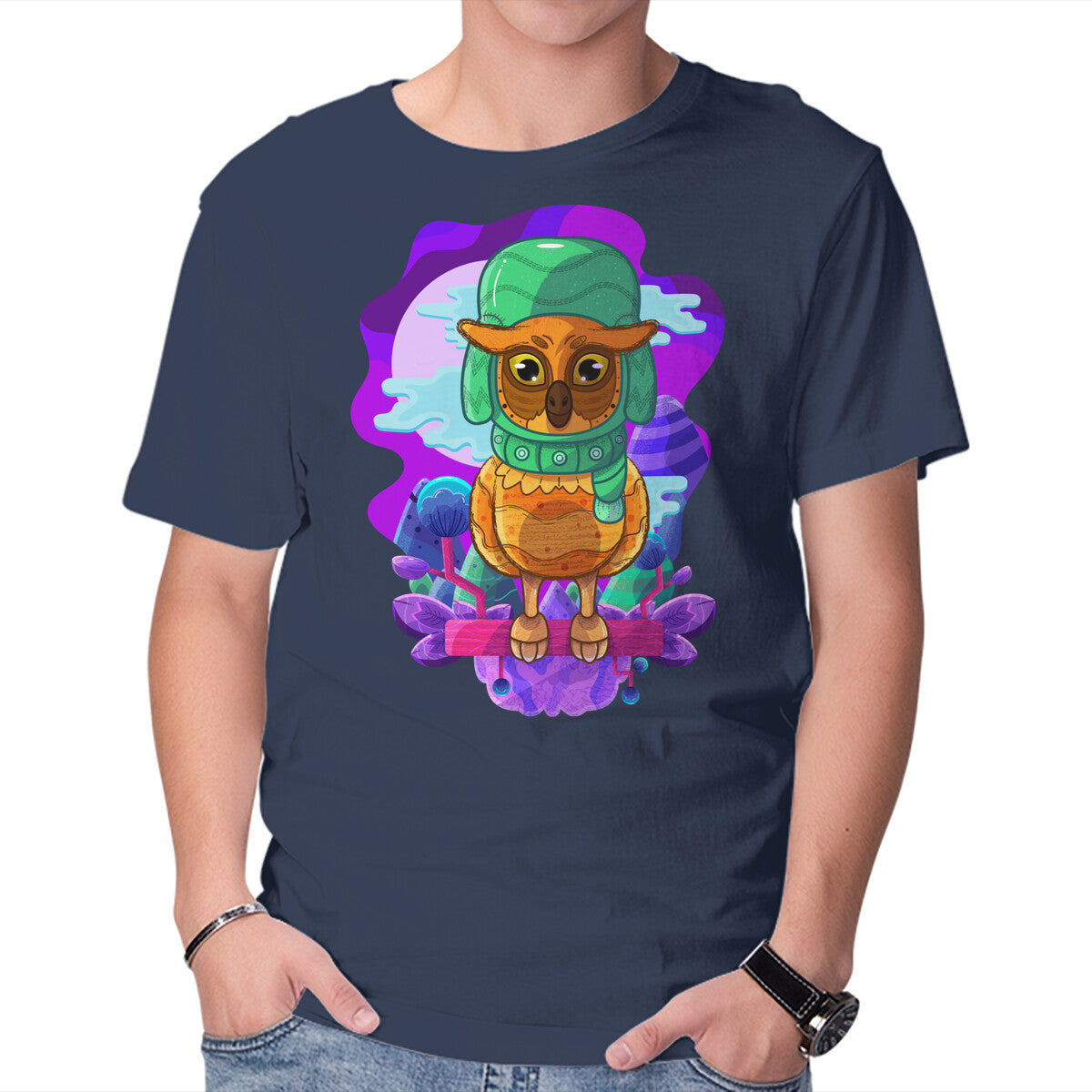 Unisex Crew Neck T-Shirt Vibrant Owl Graphic Short Sleeve Casual Tee XS