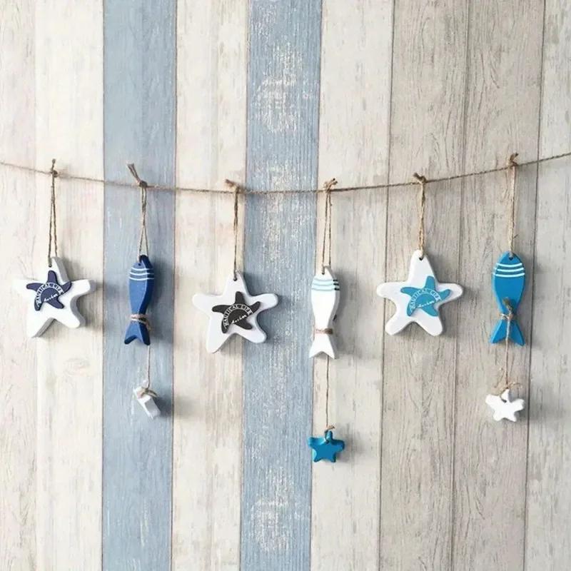 3Pcs/Set Wood Crafts Mediterranean Starfish Hung Fish Nautical Decor Hang Decorated Marine Pendant.