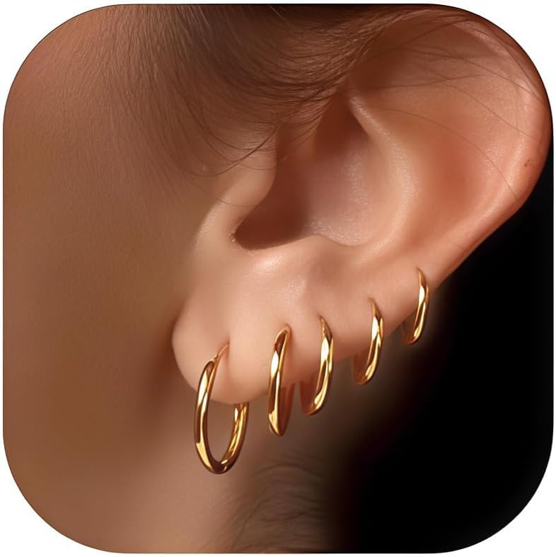 5 Paar 14K Goud Vergulde Huggie Hoepel Oorbellen voor Vrouwen - Hypoallergeen Dagelijks Sieraden voor Gevoelige Oren Meerdere Piercing Set