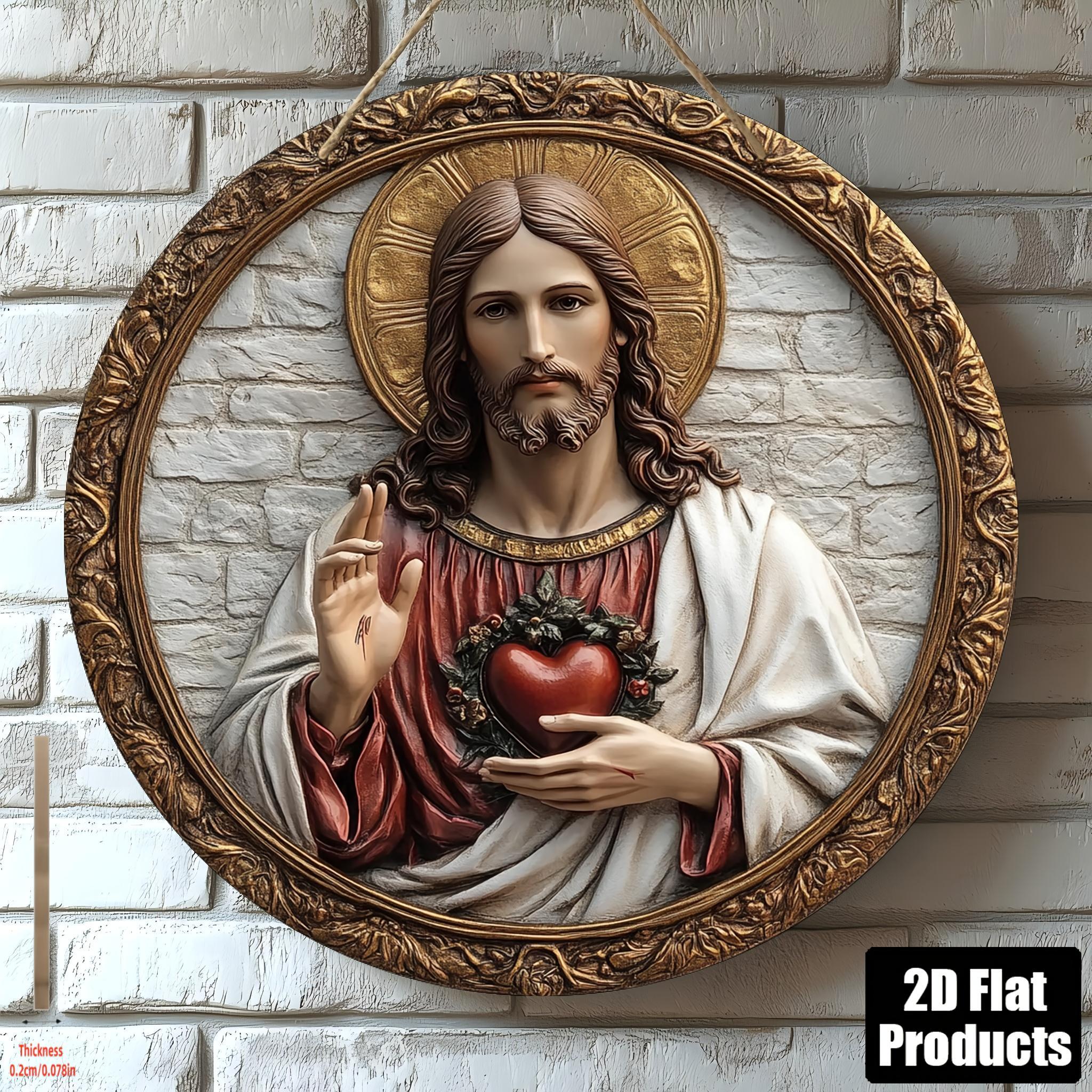 

2D Flat Vintage Round Wooden Wall Decor - Sacred Heart of Jesus Religious Decoration, No Power Needed, Ideal Holiday Gift, Home Decor for Living 20*20cm