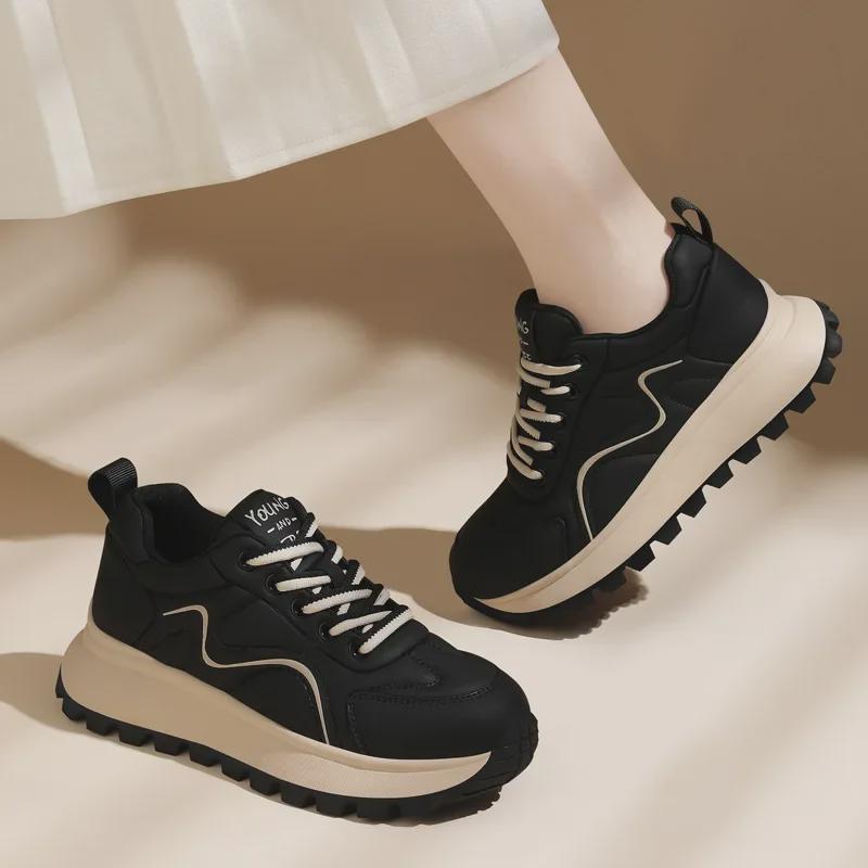 2024 Women's Genuine Leather Lightweight Lace-Up Sneakers - Non-Slip, Soft-Soled, Casual Fit for Autumn