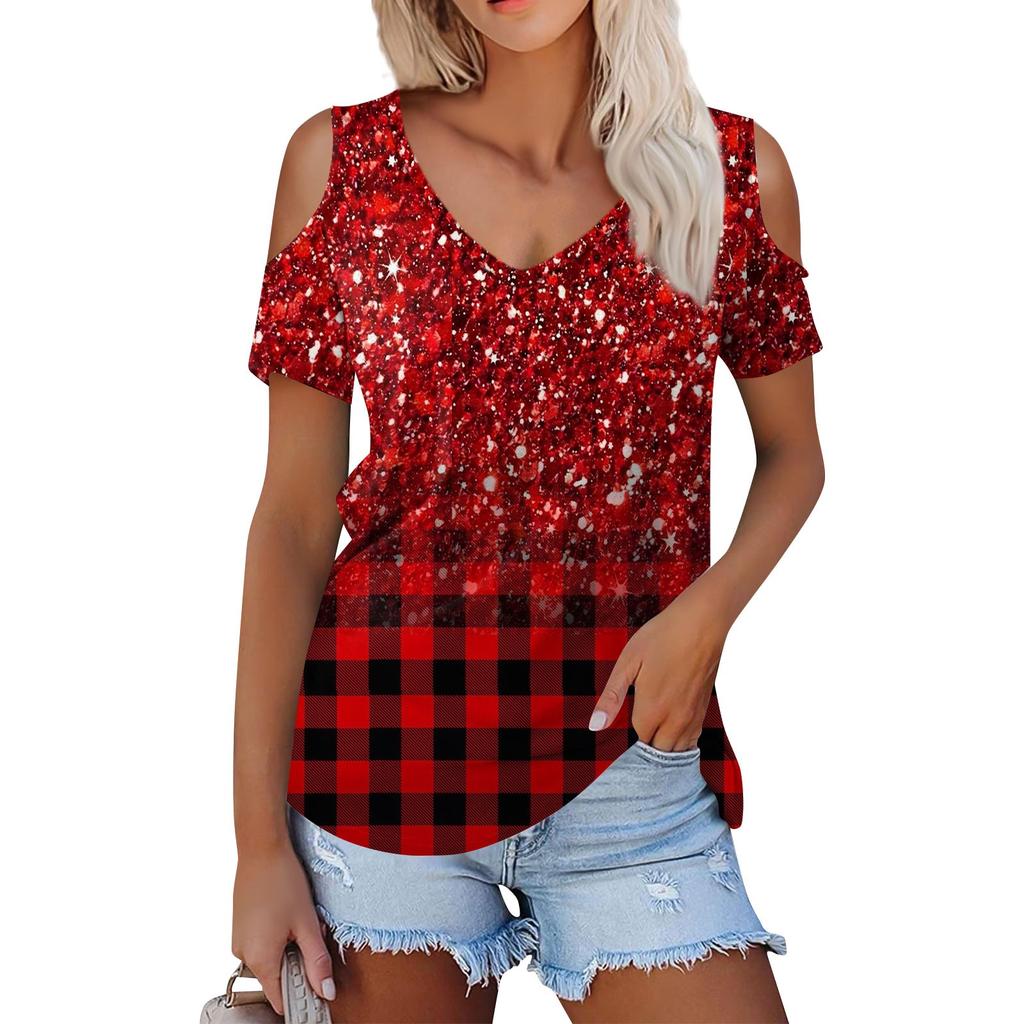 Ladies Summer Fashion Casual  Printed Strapless V-Neck Short Sleeve T-Shirt Top