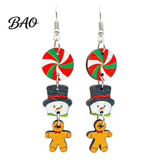 Christmas Dangle Earrings 1 Pair Wooden Drop for Women, Cute Santa Red Green Holiday Decor Gingerbread Candy Cane Earrings, Vintage Jewelry