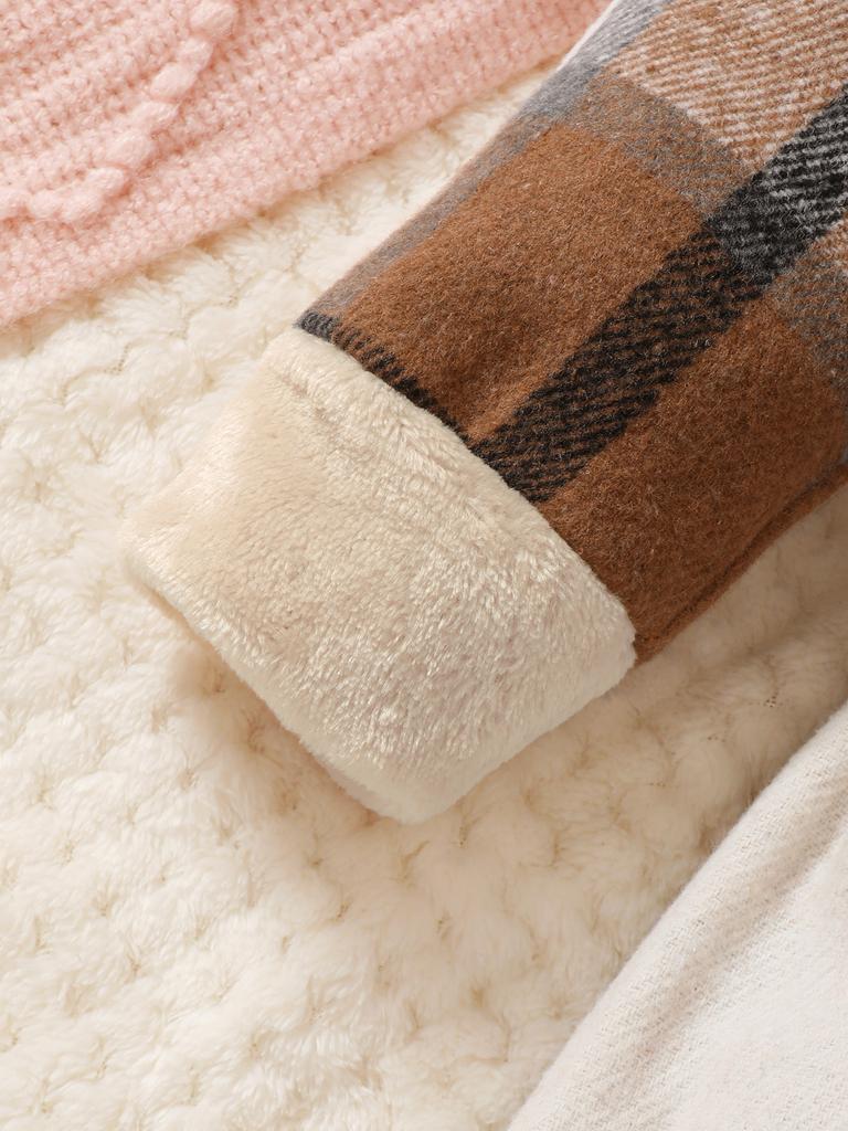 3pcs Baby Girl Plaid Patchwork Fur Long Sleeved Dress with Belt and Hat Suitable for Wearing In Autumn and Winter Seasons