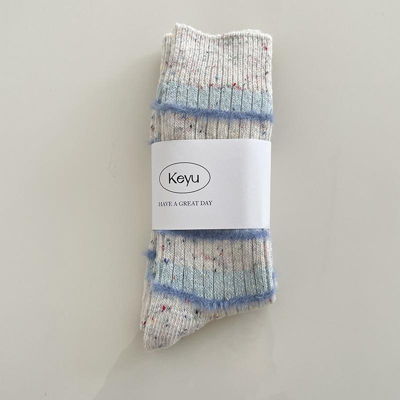 SP&CITY Korean Cartoon Embroidery Wool Socks Women's White Bow Stripe Plush Middle Tube Socks Winter Breathable Thickned Socks