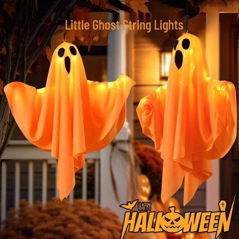 Glowing LED Ghost Pendant: Halloween Hanging Decoration with Colored Lights and Spooky Vibe.