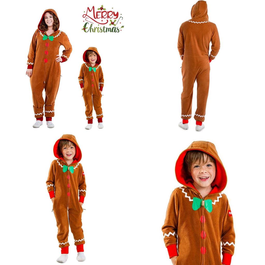 Christmas Gingerbread Man Cosplay Costume Kids Adult Hooded Jumpsuits