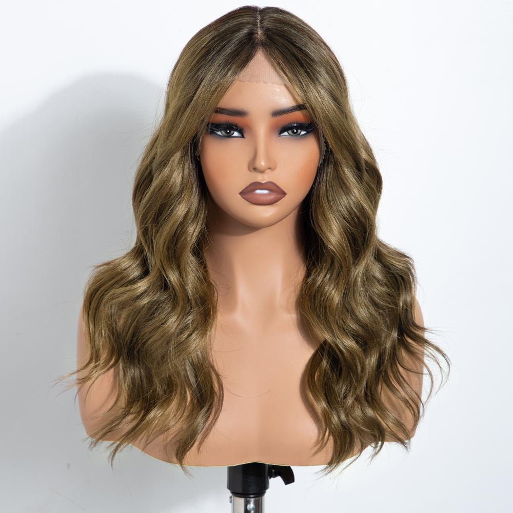 

FREEDOM Synthetic Lace Front Wigs For Women Ombre Brown Blonde 18 Inch Body Wave Lace Wig With Bangs Heat Resistant Cosplay Wig (as the picture,18inches)
