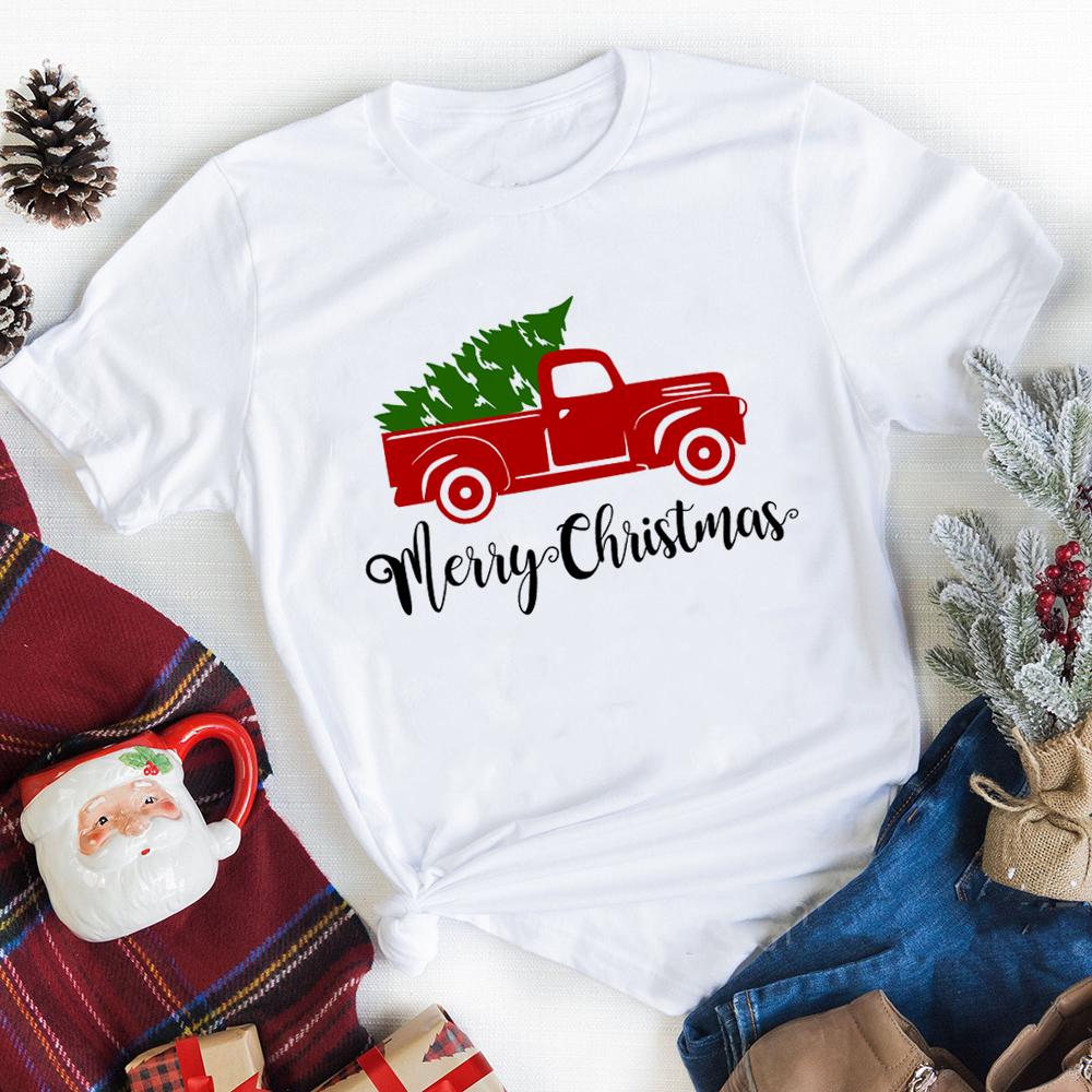 Merry Christmas Plaid Tree Printed T Shirt Fashion Graphic Women Top Tshirt Female Kawaii Tee Ladies