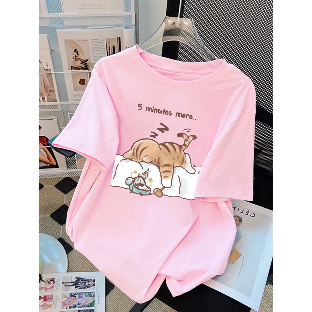 Women T-Shirt Cotton Summer The Cat That Always Wants To Sleep Pattern Prints T Shirt O-Neck Soft Loose Tops Basic Woman Clothes