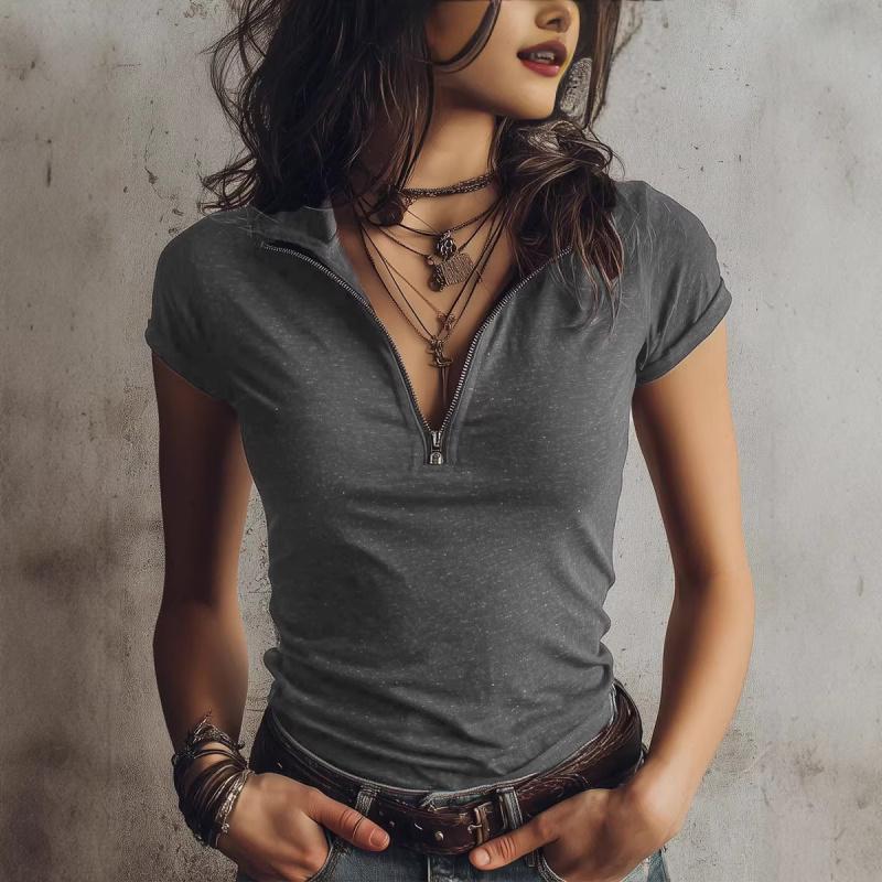 2026 Summer New Women's Knit Fabric Elegant Zipper Collar Short Sleeve Top