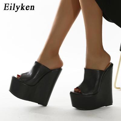 Eilyken Neue Sommer Peep Toe Plateau Keilabsatz Damen Hausschuhe Sexy Super High Heels Pantoletten Sandalen Schuhe