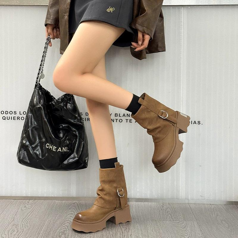 Sheepskin version retro new thick heel new versatile round head stacking boots tube boots Martin boots flat heel