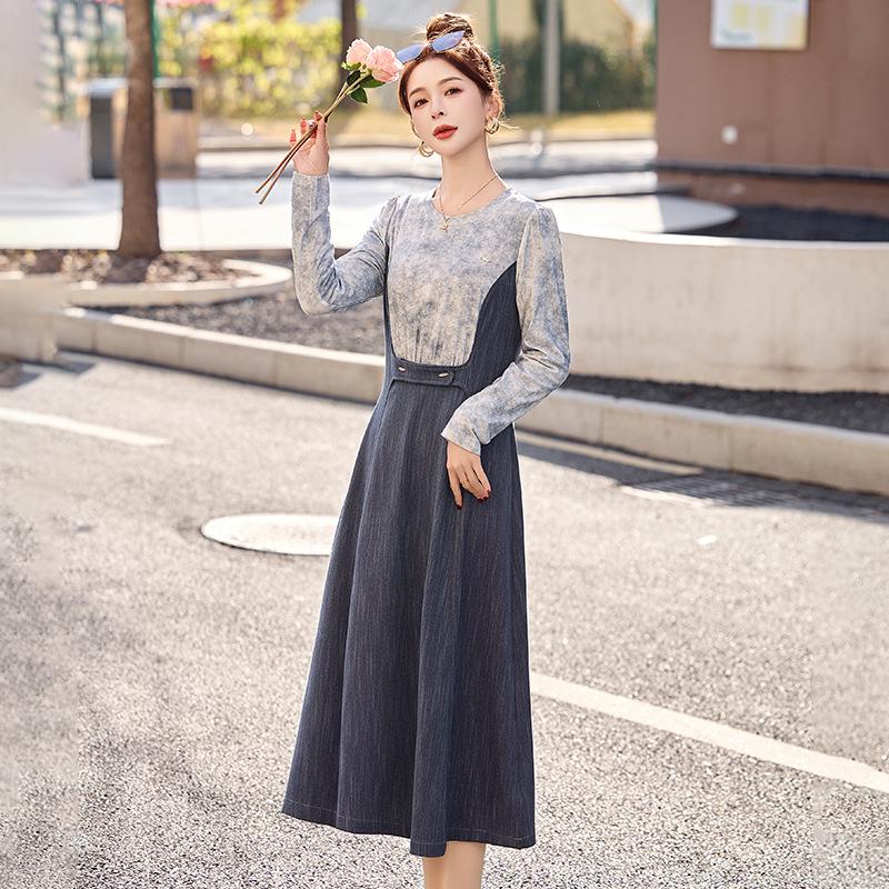 

2025 Spring Women s Long Sleeve Patchwork Two-Piece Slimming Waist-Gathering Fashion Dress SX30100 XXL (63-69 kg)