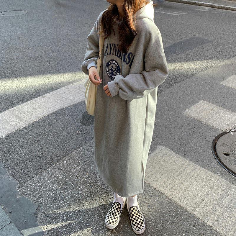 Korean Style Fleece-Lined Hooded Over-Knee Sweatshirt Coat - Plus Size Women's Autumn/Winter 2025 Collection