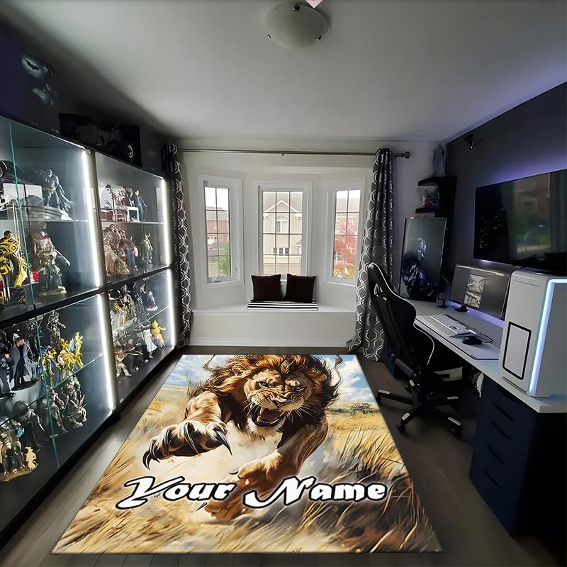 1PC Custom Name Lion's Roar Courageously Theme Floor Mat Ideal for Living Room, Game Rooms, Office, Bedroom,Floor Mat Playful Design
