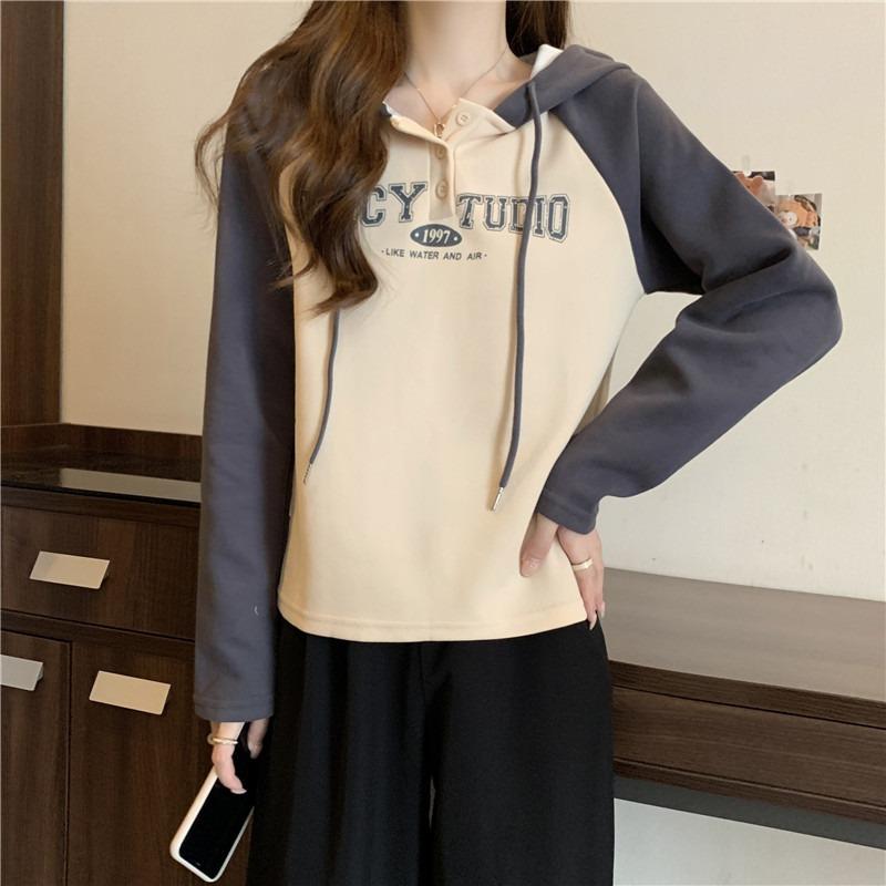 Wind Shot Cotton Hooded Sweater Women's Outfit Autumn and Winter Shoulder Splicing Niche Long Sleeve Top Women's Jacket