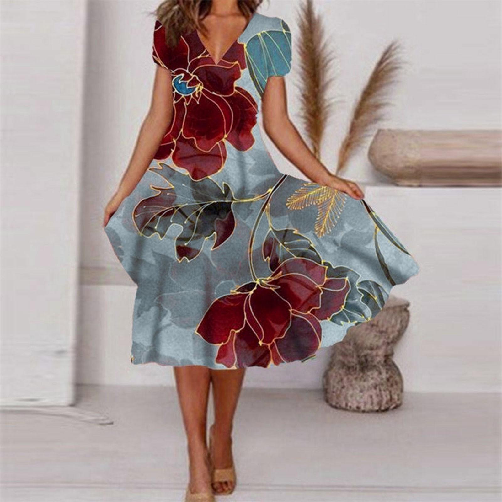 

Женское летнее повседневное модное свободное платье с коротким рукавом и v-образным вырезом с цветочным принтом XXXL винный