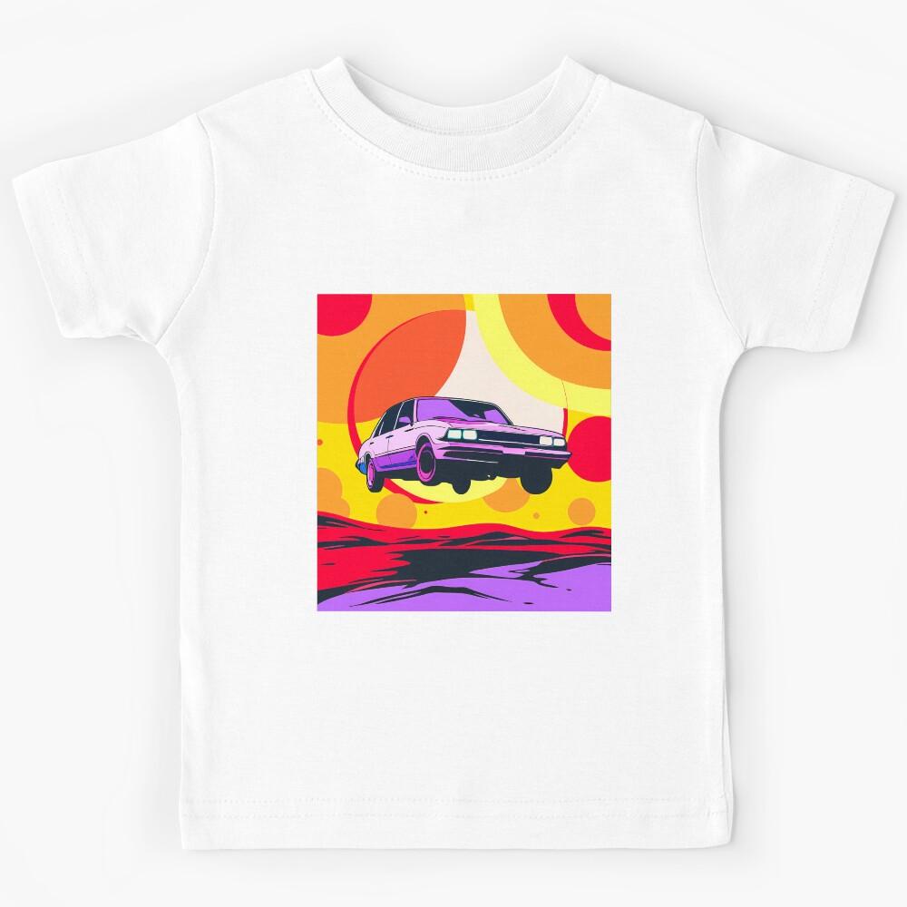 Stylized Car Floating in Abstract Landscape Kids T-Shirt 130