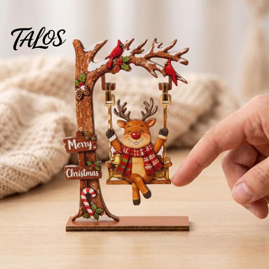 Xmas Gift for Family Christmas Wooden Ornaments, Santa Snowman Figurine with Moving Festive Fireplace Ornaments Swing, Rustic Holiday Tabletop