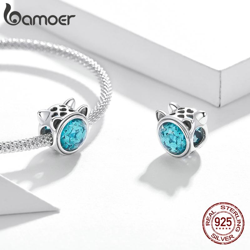 BAMOER Cute Cat Gem Bead 925 Sterling Silver Prívesok so vzorom kryštálovej hviezdy pre originálny náramok na náramok pre domácich majstrov