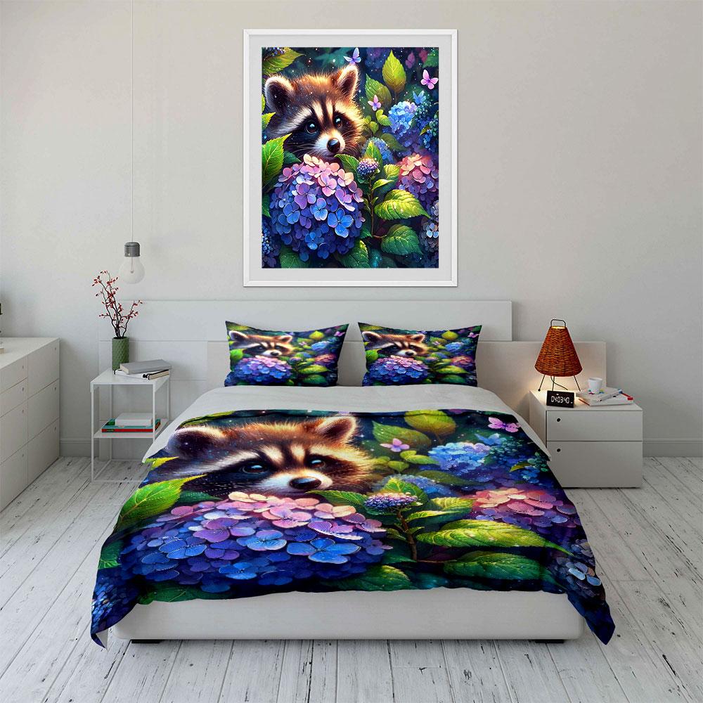 Whimsical Raccoon In Floral Wonderland Exquisite Three-Piece Bedding Set Gift For Kids And Adults