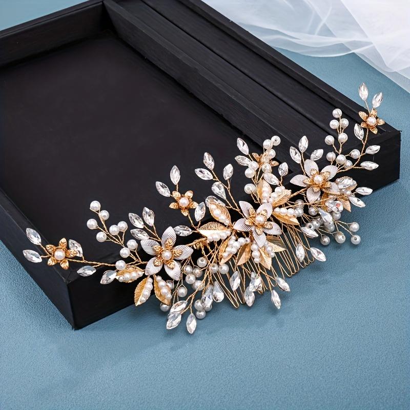  Pettine per Capelli con Perle di Cristallo Fermaglio per Capelli per Donne Fascia con Fiore e Foglia di Strass Diadema Accessori per Capelli da Sposa Gioielli Pettine Fermagli