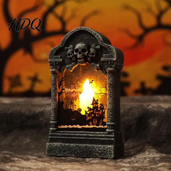 Pumpkin Bag Fillers Tombstone Candle Lantern LED Lighted Spooky Graveyard Table Lamp Halloween Tabletop Decor Small Night Light for Haunted