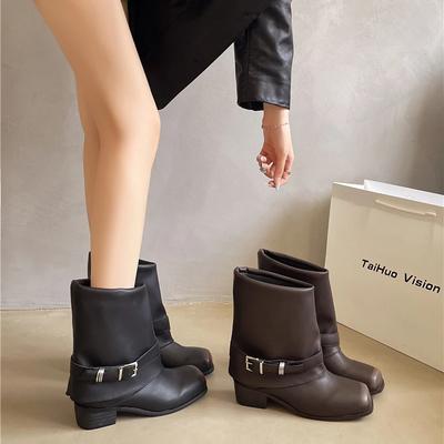 Square Toe Damen Western Cowgirl Stiefel Mode Gürtelschnalle Schuhe Herbst Winter Dicke Ferse Damen Knight Short Booties
