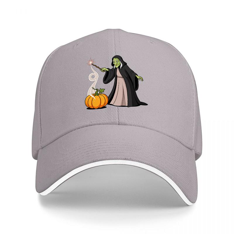 Witch and Pumpkin Halloween Baseball Cap Black Embroidered Design Magic Wand Autumn Theme Adjustable Hat for Adults