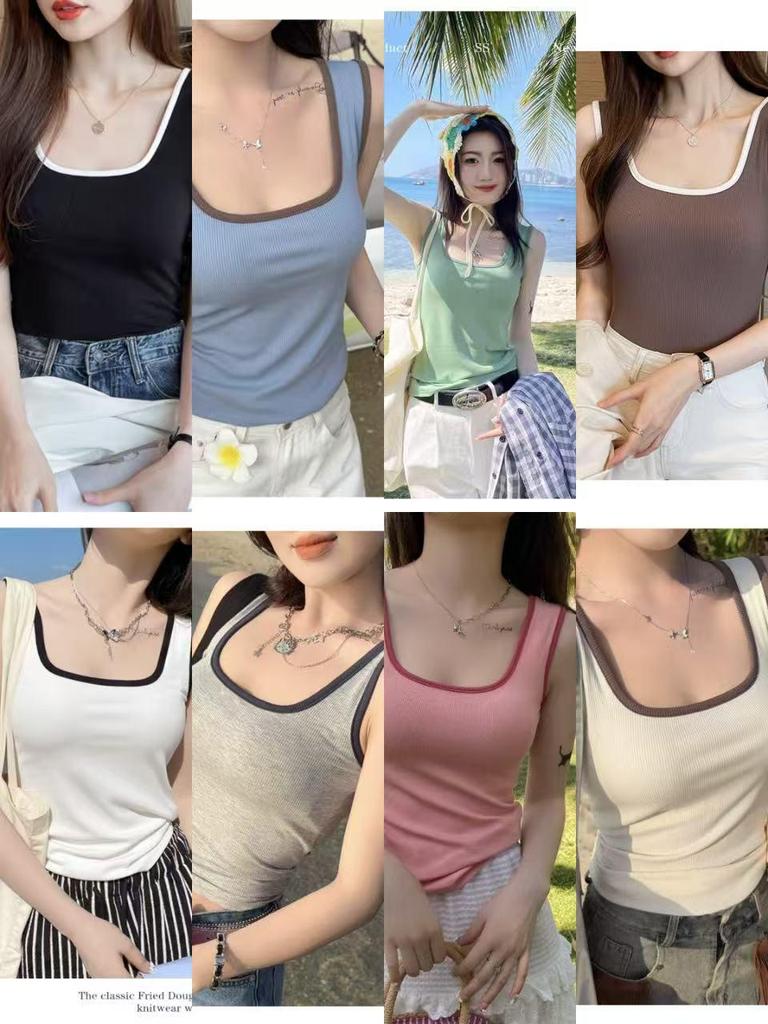 Trendy Square Neck Color Block Camisole with Chest Pads - Summer Hot Item for Inner & Outer Wear