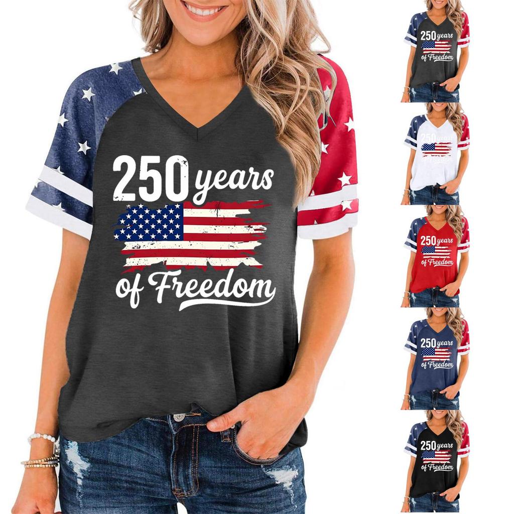 T-shirt Pull Manches Courtes Col en V Décontracté pour Femme avec Impression Graphique Jour de l'Indépendance Coupe Ample Top d'Été