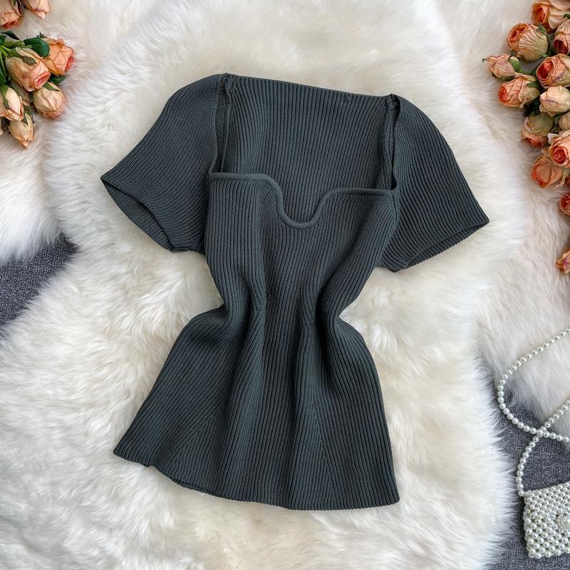 Women Summer Color Solid T Shirt Short Sleeve Square Collar Straight Tee Shirt Wear Top