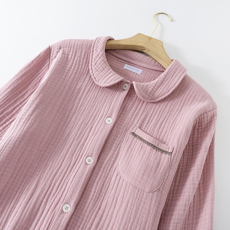 Netakara Gauze Natural Thick Comfortable and Long Solid Warm and Relaxed Green Women's 4-Layer Pajamas, Autumn/Winter Set, 100% Cotton, 4-Layer Gauze,