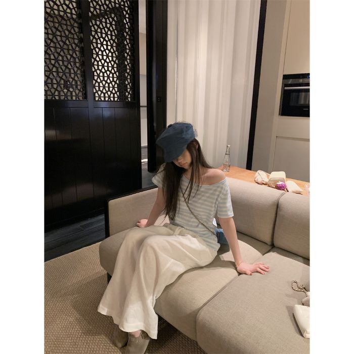 Lazy and Relaxed Diagonal Collar Off-shoulder Short-sleeved Striped T-shirt Summer New Loose Casual Versatile Top Women