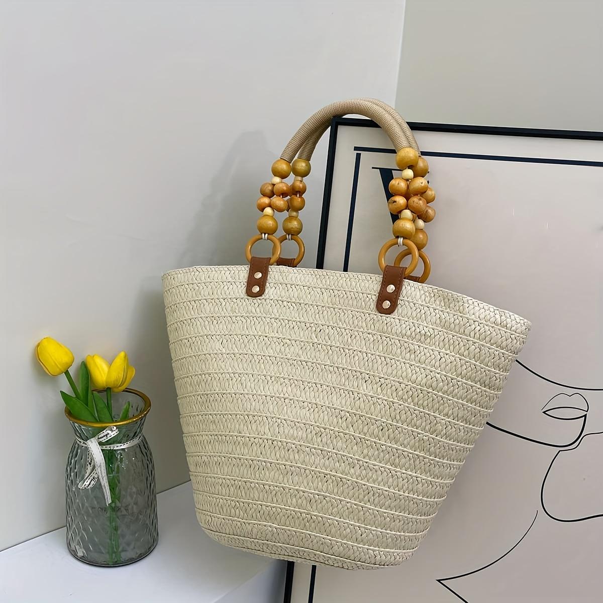 

Женская сумка-тоут в отпускном стиле с бисерной отделкой, большой вместимости, плетеная из соломы, подходит для праздничных поездок, шопинга и прогулок покинуть белый