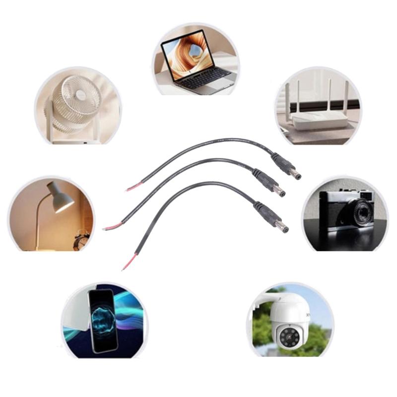 Pack of 3 5.5x2.5mm Male Plug to Bare Wire Cables Featuring Terminal Lugs Suitable for LED Strips and Monitoring Cameras