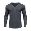 Yousheng Men Spring Autumn Top Button Decor V Neck Long Sleeves Solid Color Pullover T-shirt Stretchy Slim Fit Fitness Sport Top