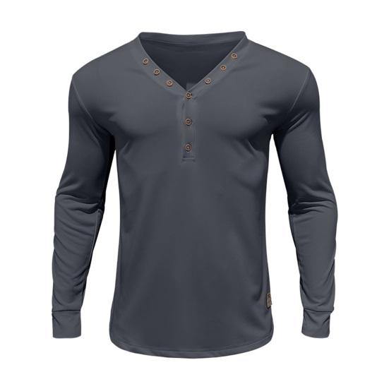 Yousheng Men Spring Autumn Top Button Decor V Neck Long Sleeves Solid Color Pullover T-shirt Stretchy Slim Fit Fitness Sport Top