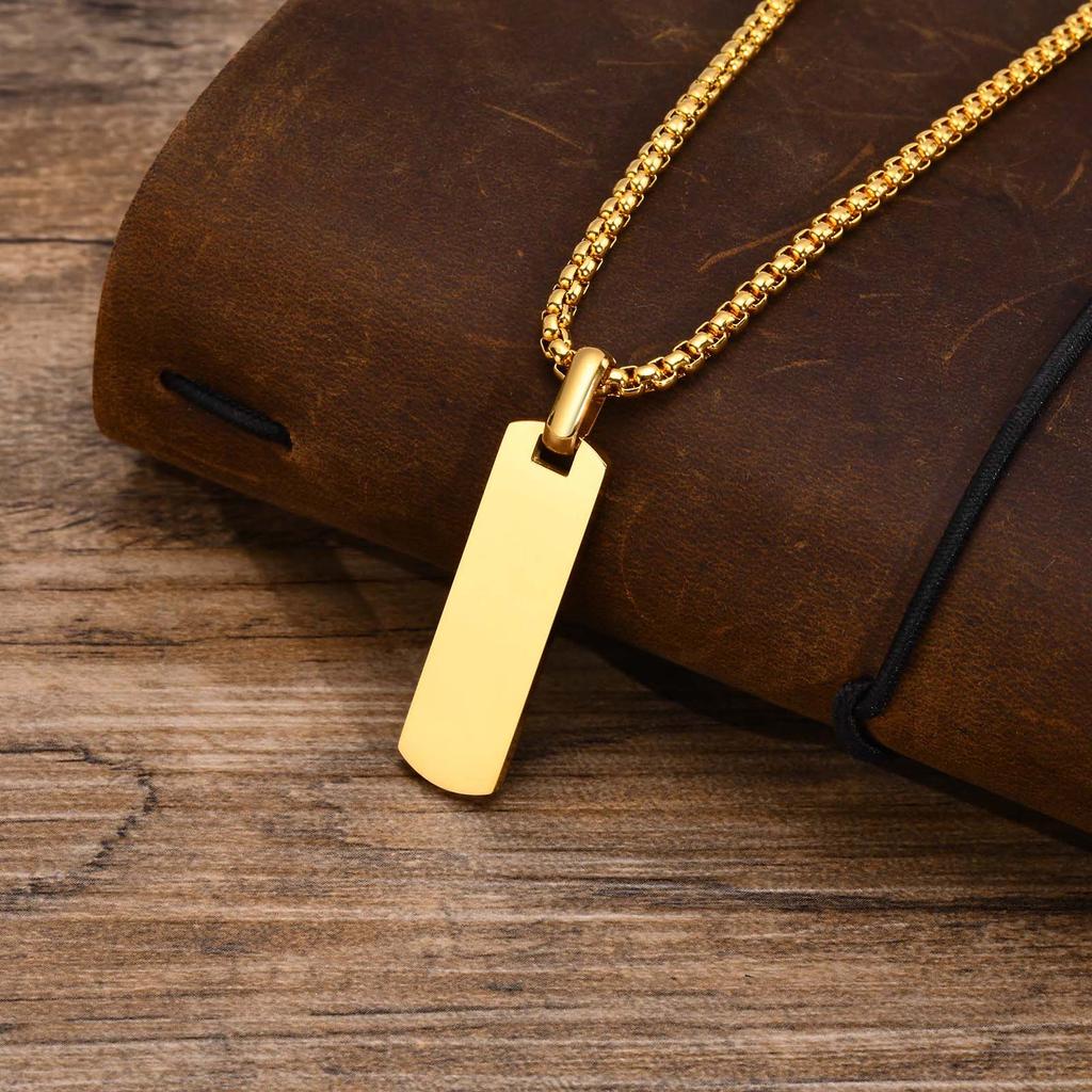 Free Custom Personalized Bar Necklaces for Men Boys, Waterproof Stainless Steel Vertical Geometric Pendant with Box Chain