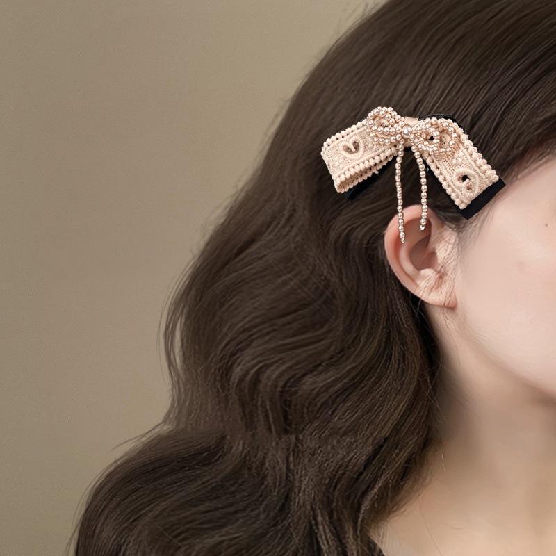 1pc Rose Milk tea~Butterfly Knot Pearl Lace Hair Clip for Women, New High-end Style, Duck Billed Clip, Sweet Bangs Clip