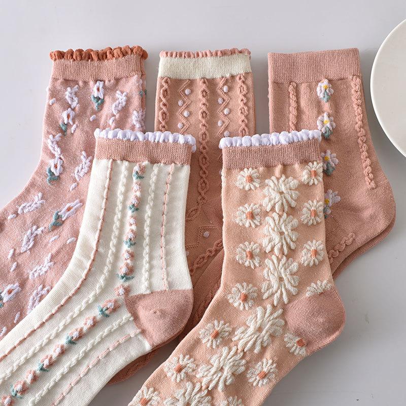 5 Paare/ Los Traumähnliche Damen Socken Harajuku Retro Stickerei Frühling 3D Strickerei Blumen Geprägter Druck Lolita Weihnachtsgeschenk