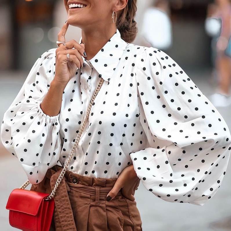 Women S Polka Dot Loose Lantern Sleeve Collared Chiffon Shirt S белый