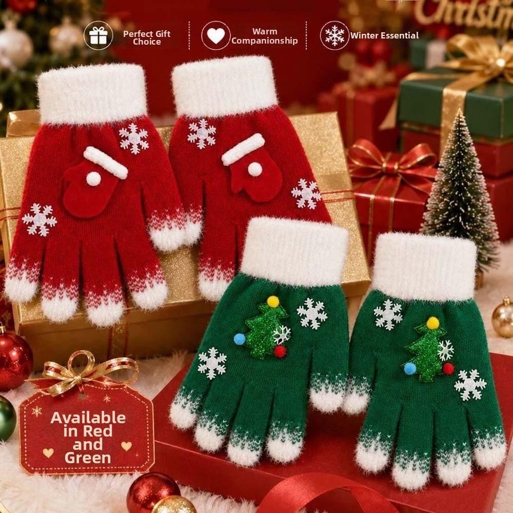 Red Green Winter Knit Mittens Knitted Woolen Full Finger Gloves Christmas Gloves  Party Wear