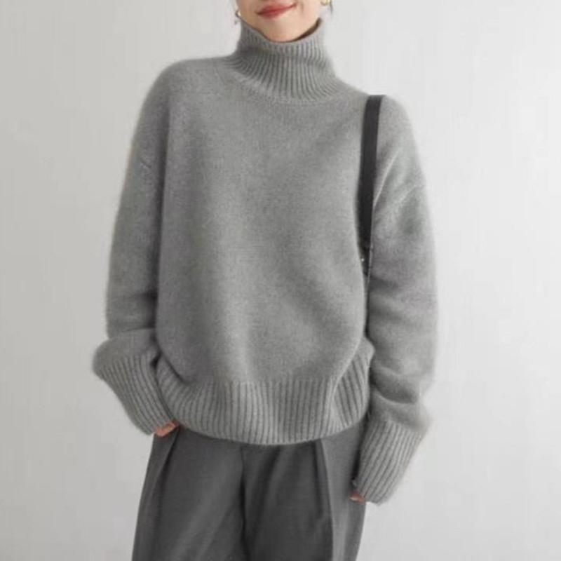 Autumn and Winter Thick Half High Collar Solid Women's Sweaters Elegant Vintage Loose Knitted Pullovers Sweater Ladies Casual Slim Base Jumpers 25560