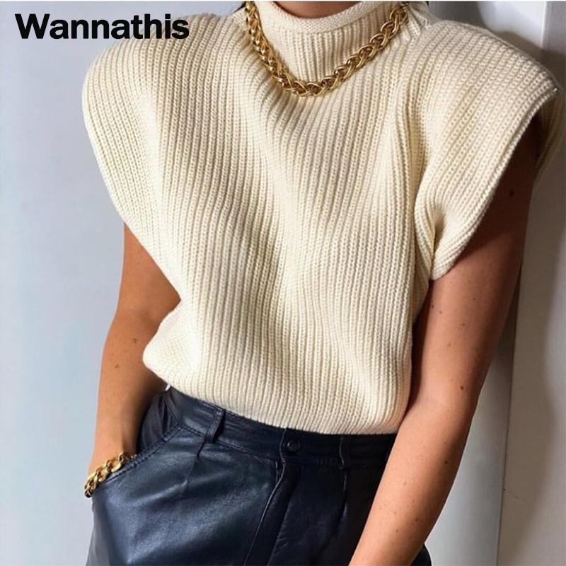 

WannaThis 2021 Свитер Женщины Водолазка Без рукавов Жилет с наплечниками Вязаный пуловер Осень Зима Джемпер Повседневный Топ Мода