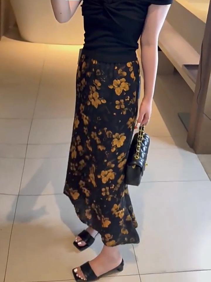 Retro Floral Slimming Fishtail Midi Skirt - Elegant Chiffon Hip-Hugging Design