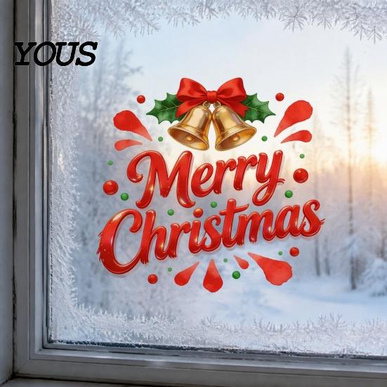 Christmas Party Decorations Merry Static Glass Sticker, Window Decals with Bell PVC Clings Elements, Removable for Home Store Holiday Festive Mirror