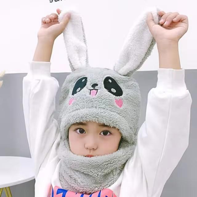 Winter Cartoon Rabbit Coral Velvet Cap Plush Balaclava Kids Caps Double Fleece Baby Scarf Hat Children